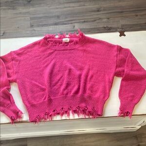 Debut Pink Crew Neck Sweater with Modern Distressed Hem